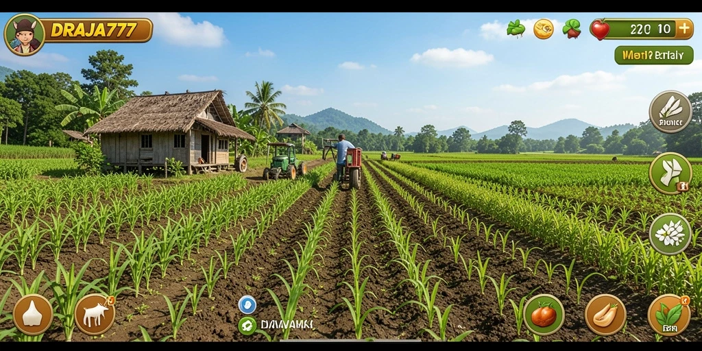 Screenshot DRAJA777 menampilkan petani yang aktif di ladang dengan tanaman subur.