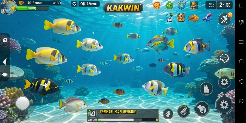 Screenshot KAKWIN menampilkan gameplay seru saat menangkap ikan.