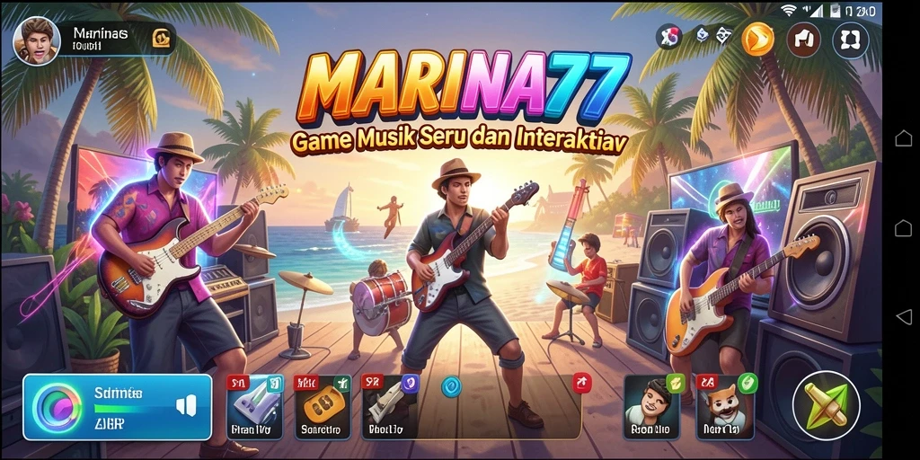 Tampilan screenshot MARINA77 menunjukkan gameplay seru dengan berbagai alat musik.
