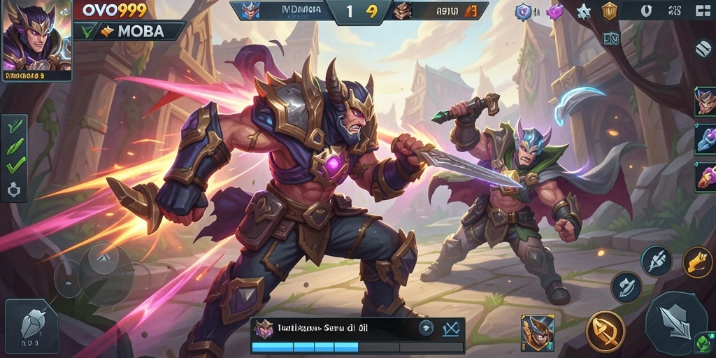 Screenshot OVO99 menampilkan pertempuran seru dalam gameplay MOBA.