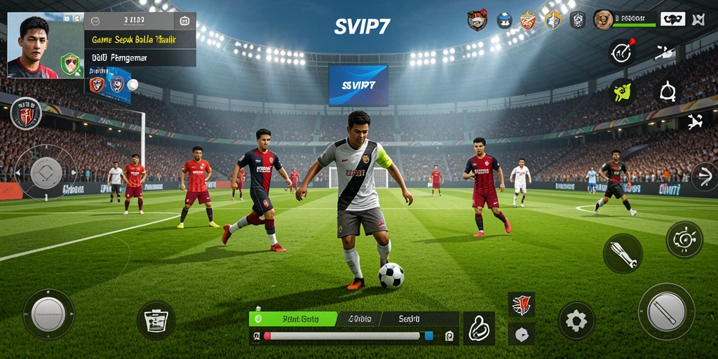 Tampilan gameplay SVIP7 dengan pemain sepak bola beraksi di lapangan.