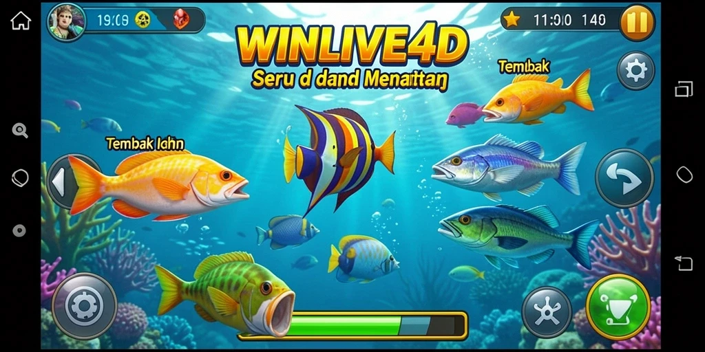 Screenshot gameplay WINLIVE4D menampilkan aksi tembak ikan yang mendebarkan.